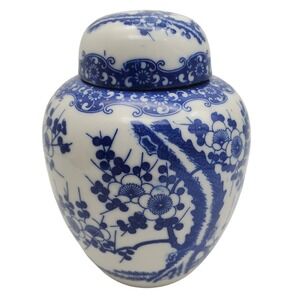 Blue & White Ginger Jar Small Porcelain Japanese Floral Blossoms Pot Lid Vintage